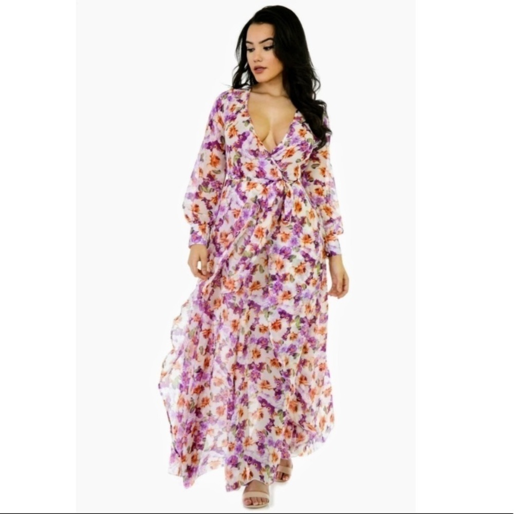 New Xtaren Sheer Floral Layered Long Sleeve Maxi Dress Purple Orange Sz Medium